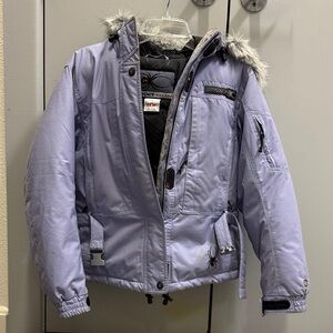 Spyder Kids Light Lavender Puffer Jacket with Faux Fur Trim